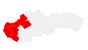 Mapa Slovenska s vyznačenými kraji: Bratislavský, Trnavský, Trenčianský. Vytvořeno pomocí mapchart.net